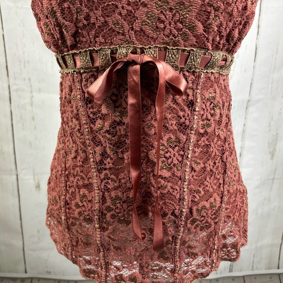 Vintage Ann Ferriday Top Floral Mixed Lace Tie Front Victorian Style Brick Red - Picture 3 of 6
